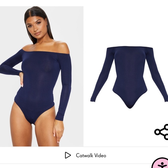 PrettyLittleThing Tops - Pretty Little Thing navy blue Bardot off the shoulder long sleeve bodysuit 4